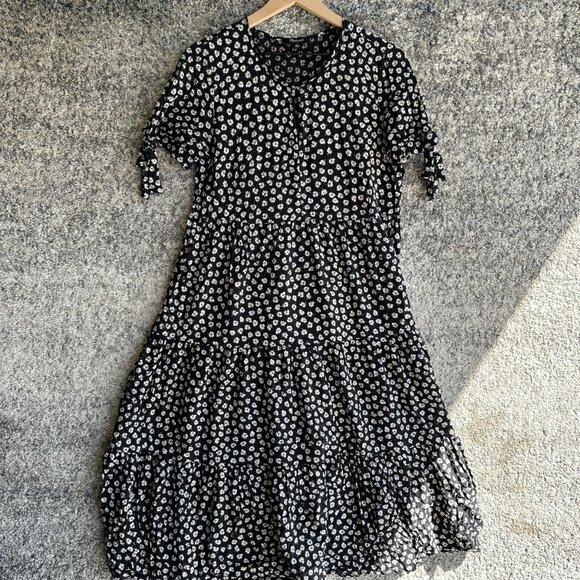 Madewell Dress Womens 6 Black Floral Fit & Flare Midi Short Sleeve Viscose - Picture 1 of 6